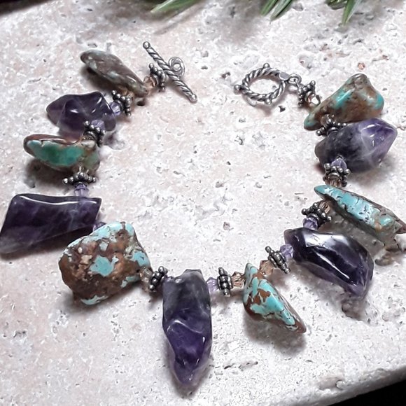 Statement Bracelet with Natural Free Form Amethyst and Turquoise Nuggets - Picture 1 of 3